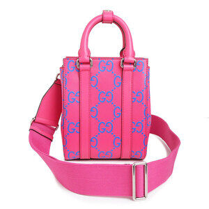 Gucci Tote Shoulder Handbag Crossbody Bag GG Embossed Leather Pink Blue
